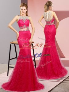 Classical Scoop Sleeveless Tulle and Lace Prom Evening Gown Beading Sweep Train Lace Up
