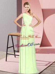 Yellow Green Empire Chiffon One Shoulder Sleeveless Ruching Floor Length Lace Up Prom Gown