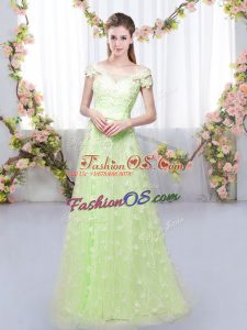 Yellow Green Lace Up Off The Shoulder Appliques Bridesmaid Gown Tulle Cap Sleeves