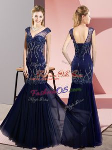 Ideal Floor Length Navy Blue Prom Party Dress V-neck Sleeveless Lace Up
