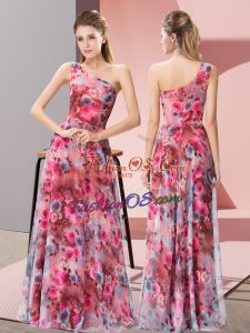 Sophisticated Multi-color Empire Printed One Shoulder Sleeveless Pattern Floor Length Zipper Prom Gown