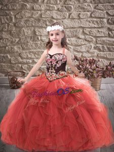 Beauteous Red Sleeveless Tulle Lace Up Little Girls Pageant Dress for Party and Wedding Party