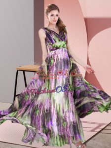 Printed V-neck Sleeveless Lace Up Pattern Party Dresses in Multi-color