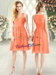 Sleeveless Chiffon Knee Length Side Zipper Prom Evening Gown in Orange with Lace