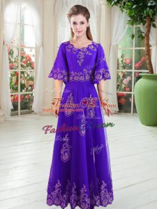 Captivating Purple A-line Tulle Scoop Half Sleeves Lace Floor Length Lace Up Evening Dress