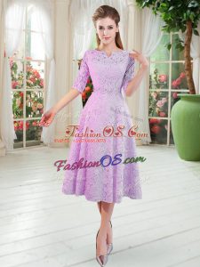 Lilac A-line V-neck Half Sleeves Lace Tea Length Zipper Beading Dress for Prom