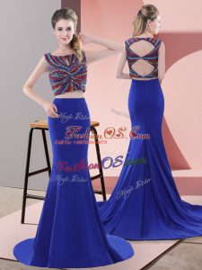 Scoop Sleeveless Sweep Train Lace Up Prom Dress Royal Blue Satin