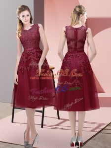 Extravagant A-line Prom Party Dress Burgundy V-neck Tulle Sleeveless Tea Length Lace Up