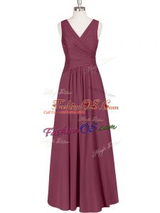 Ruching Dress for Prom Burgundy Zipper Sleeveless Floor Length