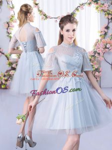 Superior High-neck Short Sleeves Lace Up Dama Dress Grey Tulle