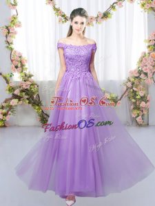 Trendy Lavender Sleeveless Floor Length Lace Lace Up Bridesmaid Dresses