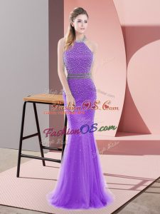 Purple Tulle Sweep Train Sleeveless Beading