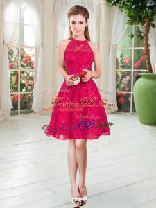 Enchanting Red Zipper Scoop Sleeveless Knee Length Homecoming Dress Lace