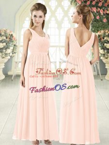 Modest Chiffon V-neck Sleeveless Zipper Ruching Prom Gown in Pink