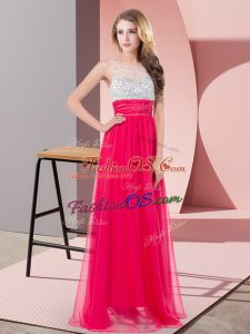 Fitting Coral Red Scoop Neckline Sequins Prom Gown Sleeveless Side Zipper