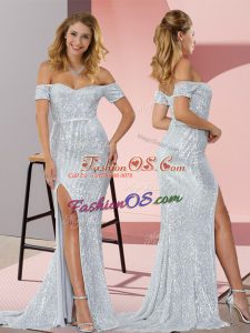 Silver Prom Dress Ruching Short Sleeves Sweep Train