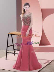 High Class Red Sleeveless Satin Sweep Train Backless Prom Party Dress for Prom and Party and Military Ball