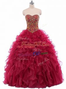 Wine Red Lace Up Sweetheart Beading and Ruffles Sweet 16 Dresses Organza Sleeveless