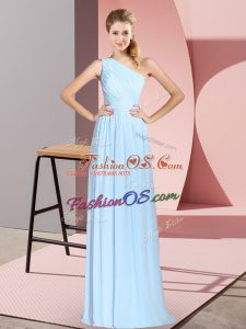 Blue One Shoulder Neckline Ruching Prom Dresses Sleeveless Lace Up