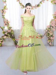 Eye-catching Yellow Green Tulle Lace Up Off The Shoulder Sleeveless Floor Length Bridesmaids Dress Lace