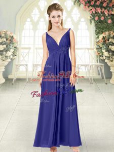Ankle Length Blue Prom Dresses Chiffon Sleeveless Ruching