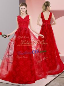 Lace V-neck Sleeveless Sweep Train Lace Up Beading Prom Gown in Red