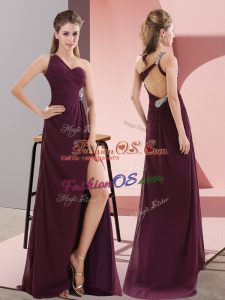 Modern Sleeveless Beading and Lace Backless Prom Gown with Dark Purple Sweep Train