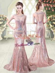 Traditional Scoop Sleeveless Prom Gown Brush Train Beading Pink Sequined