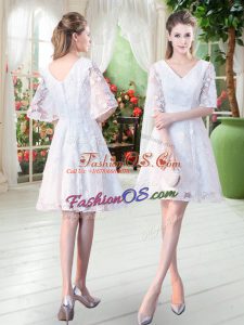 Knee Length A-line Half Sleeves White Prom Dresses Zipper