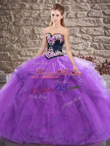Exceptional Sleeveless Floor Length Beading and Embroidery Lace Up Sweet 16 Quinceanera Dress with Purple