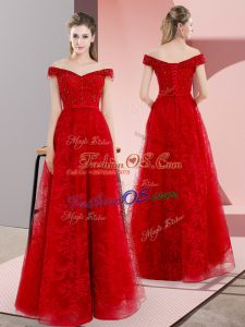 Flare Red Sweetheart Lace Up Beading and Lace Prom Party Dress Sweep Train Sleeveless