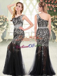 One Shoulder Sleeveless Tulle Prom Party Dress Beading and Lace Zipper