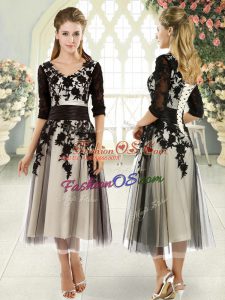 Excellent Half Sleeves Lace Up Tea Length Appliques Prom Evening Gown