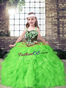 Straps Sleeveless Little Girls Pageant Dress Floor Length Embroidery and Ruffles Tulle