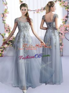 Trendy Scoop Cap Sleeves Bridesmaid Dresses Floor Length Lace Grey Tulle