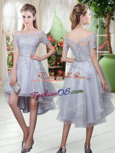 Fantastic High Low Lace Up Homecoming Dress Grey for Prom and Party with Appliques