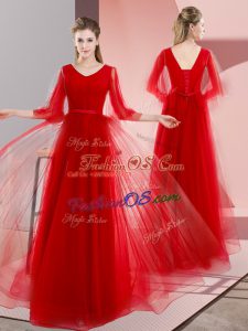 Custom Fit Red Long Sleeves Tulle Lace Up for Prom and Party