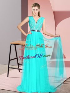 Tulle Sleeveless Prom Dress Sweep Train and Beading and Lace