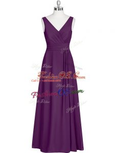 New Arrival Floor Length Eggplant Purple Prom Dress Chiffon Sleeveless Ruching