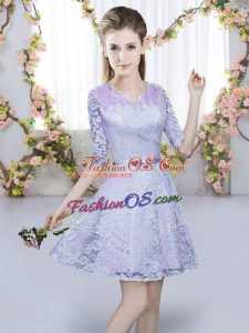 Simple Belt Quinceanera Court of Honor Dress Lavender Zipper Half Sleeves Mini Length