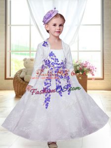 Cute White Lace Zipper Straps Sleeveless Ankle Length Flower Girl Dress Embroidery