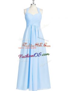 Blue Halter Top Neckline Ruching Evening Dress Sleeveless Zipper