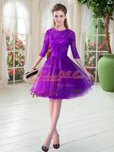Knee Length Purple Prom Gown Tulle Half Sleeves Lace