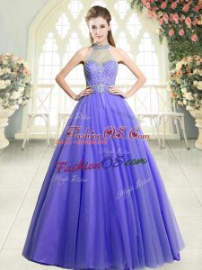 Lavender A-line Beading Dress for Prom Zipper Tulle Sleeveless Floor Length