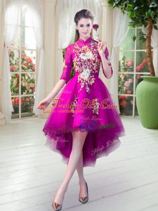 Inexpensive Half Sleeves High Low Appliques Zipper Prom Dress with Fuchsia