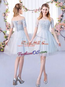 Custom Fit Grey Tulle Lace Up Off The Shoulder Short Sleeves Mini Length Wedding Party Dress Lace