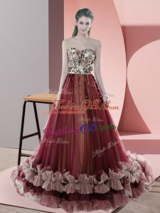 Fitting Sweetheart Sleeveless Sweep Train Lace Up Dress for Prom Red Tulle