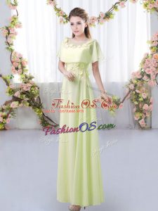 Romantic Yellow Green Chiffon Zipper Scoop Short Sleeves Floor Length Wedding Party Dress Appliques