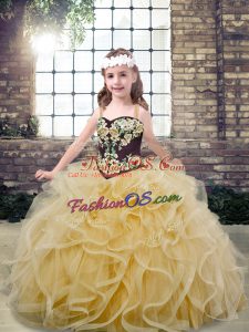 Champagne Tulle Lace Up Straps Sleeveless Floor Length Pageant Gowns For Girls Embroidery and Ruffles