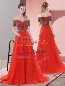 Decent Off The Shoulder Short Sleeves Beading and Lace Sweep Train Lace Up